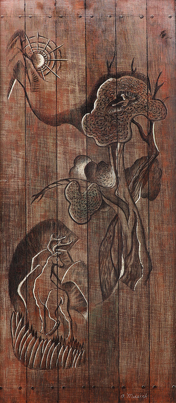 Archie Musick (1902-1978) artwork for sale. The Carved Door (Mountains, Trees, and Elk on Wooden Door), Painting, Denver, Colorado, Art Gallery)