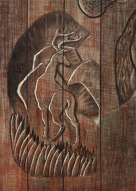 The Carved Door (Mountains, Trees, and Elk on Wooden Door), Painting