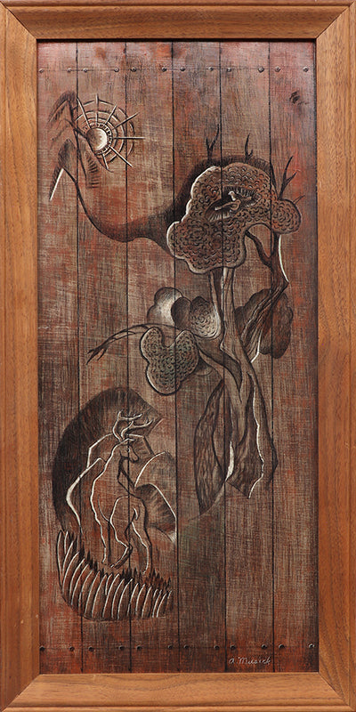 The Carved Door (Mountains, Trees, and Elk on Wooden Door), Painting