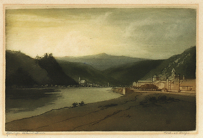 George Elbert Burr (1859-1939) artwork for sale. Rhine at Caub, Germany (Landscape with River, Mountains, and German Town), Print, circa 1905, Denver, Colorado, Art Gallery)