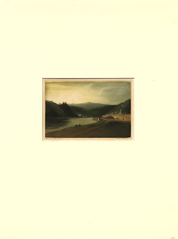 Rhine at Caub, Germany (Landscape with River, Mountains, and German Town), Print, circa 1905