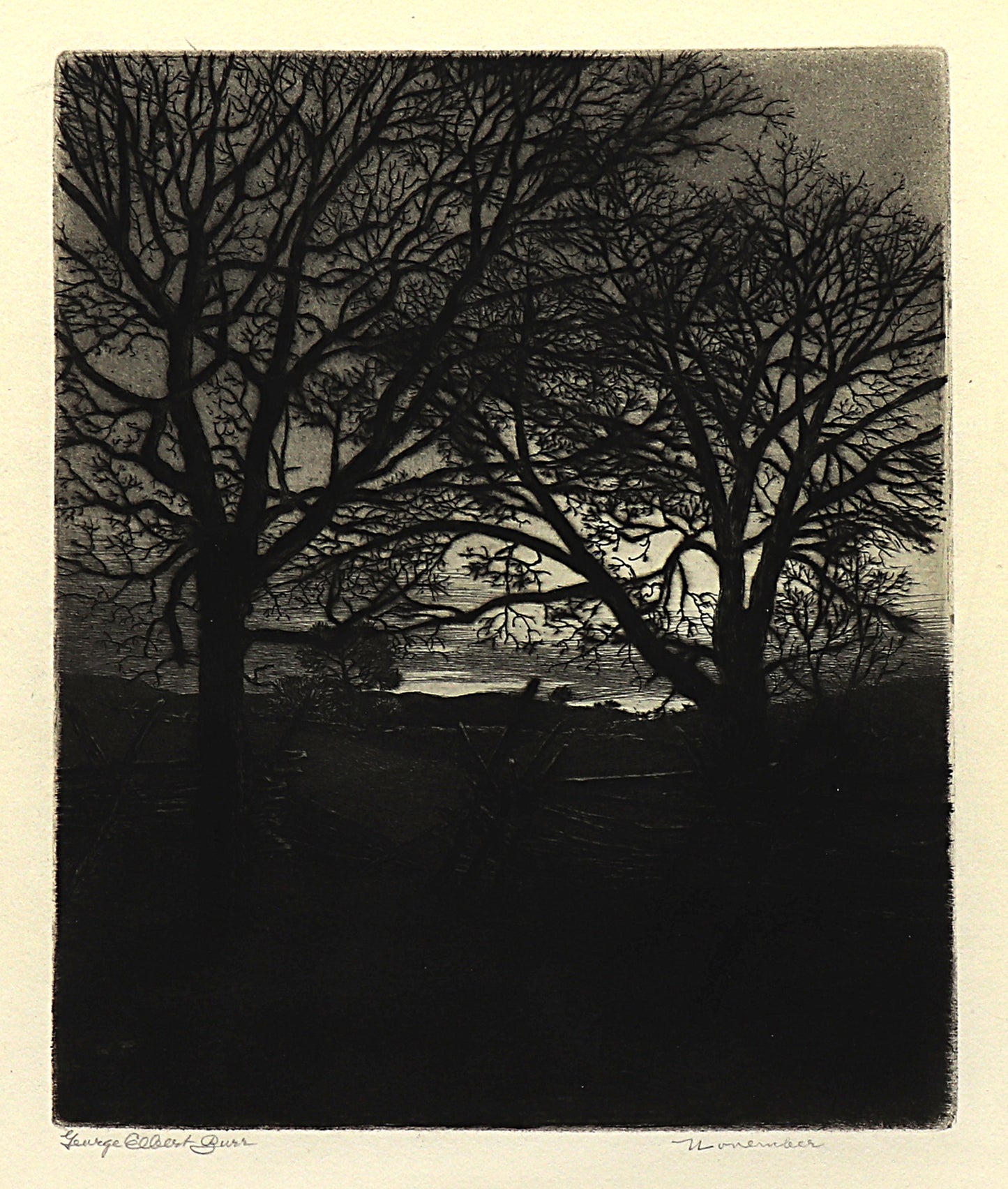 George Elbert Burr (1859-1939) artwork for sale. November (Landscape with Trees and Fence), Print, circa 1923, Denver, Colorado, Art Gallery)