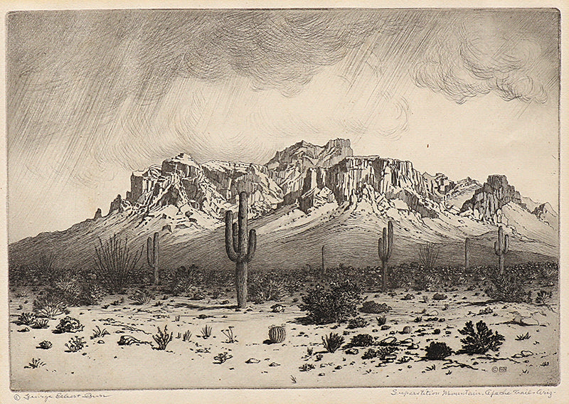 George Elbert Burr (1859-1939) artwork for sale. Superstition Mountain, Apache Trail, Arizona (Landscape of Superstition Mountain), Print, circa 1925, Denver, Colorado, Art Gallery)