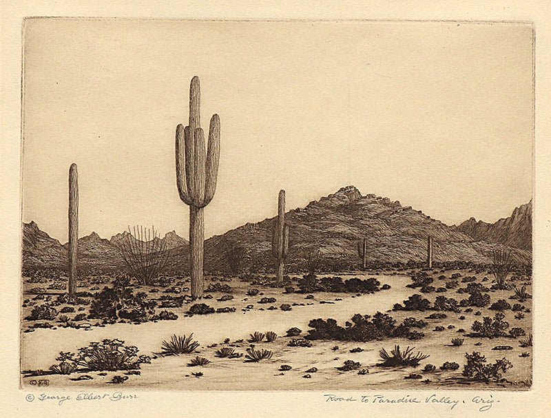 George Elbert Burr (1859-1939) artwork for sale. Road to Paradise Valley, Arizona (Landscape with Cacti and Mountains), Print, circa 1925, Denver, Colorado, Art Gallery)