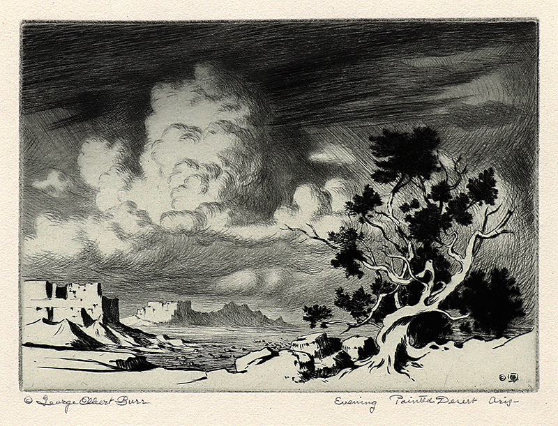 George Elbert Burr (1859-1939) artwork for sale. Evening, Painted Desert, Arizona (Landscape with Mesa and Storm), Print, circa 1925, Denver, Colorado, Art Gallery)