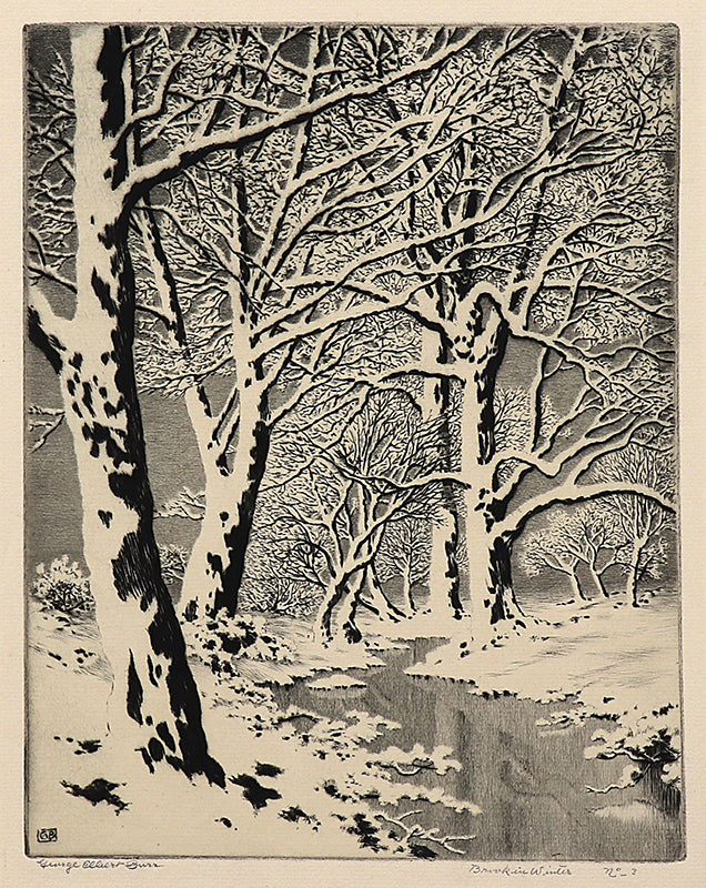 George Elbert Burr (1859-1939) artwork for sale. Brook in Winter, No. 3 (Winter Landscape with Trees and Creek), Print, circa 1920, Denver, Colorado, Art Gallery)
