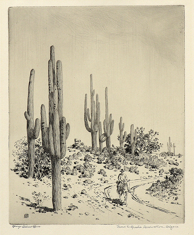 George Elbert Burr (1859-1939) artwork for sale. Road to Apache Reservation, Arizona (Landscape with Cacti, Horse, and Rider), Print, circa 1925, Denver, Colorado, Art Gallery)