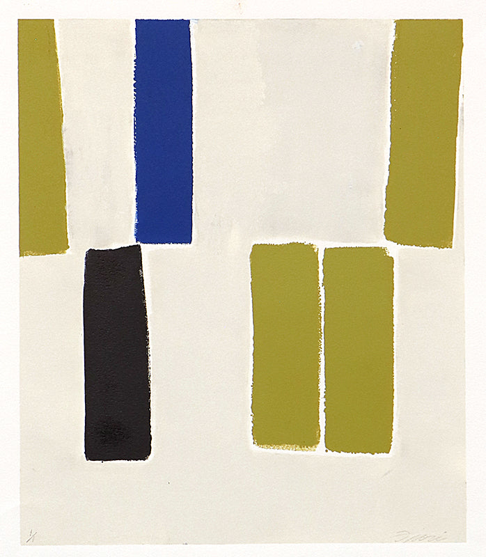 Wilma Fiori (1929-2019) artwork for sale. Untitled (Abstract Olive, Blue, and Black Rectangles), Print, circa 1990-2005, Denver, Colorado, Art Gallery)