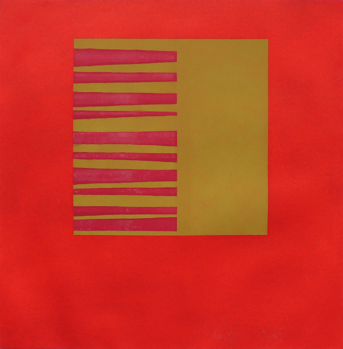 Wilma Fiori (1929-2019) artwork for sale. Untitled (Red Abstract with Gold Square and Red Stripes), Print, circa 1990-2005, Denver, Colorado, Art Gallery)