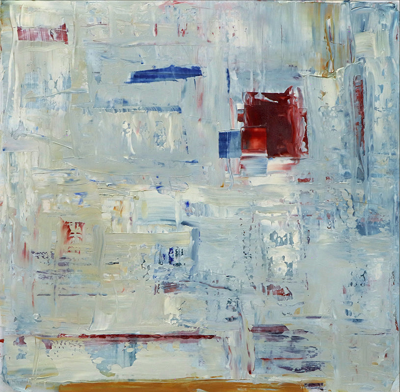 Wilma Fiori (1929-2019) artwork for sale. Untitled (Blue, White, and Red Abstract with Red Square), Painting, Denver, Colorado, Art Gallery)