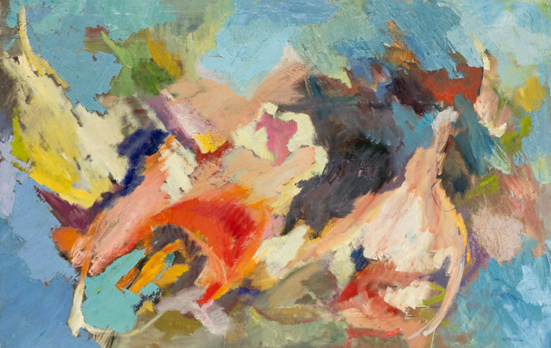 Florence Graziano (1924-1996) artwork for sale. Untitled #125 (Abstract Composition with Red, Yellow, and Pink on a Blue Field), Painting, Denver, Colorado, Art Gallery)
