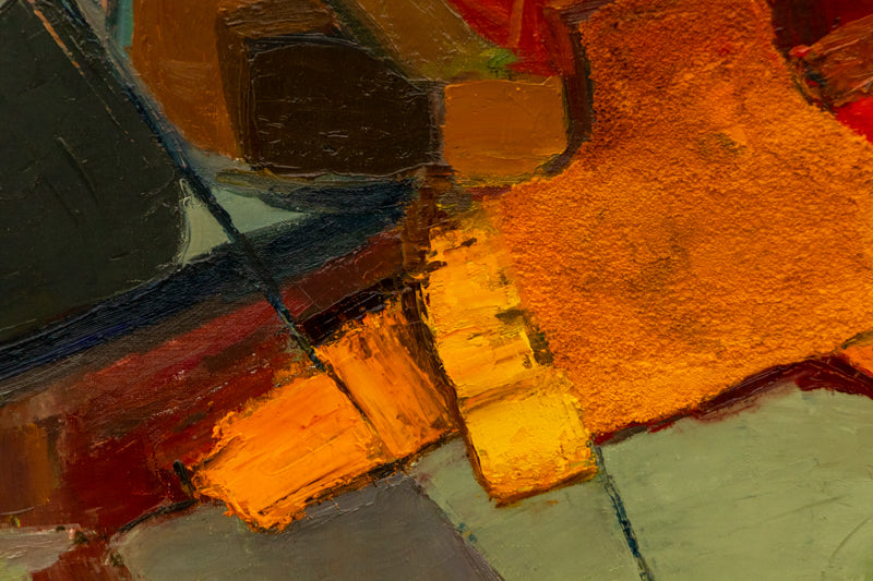 Untitled (Abstract Orange, Red, and Yellow on a Green Field), Painting, circa 1965