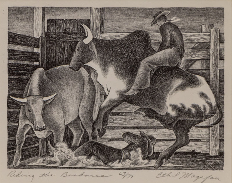 Ethel Magafan (1916-1993) artwork for sale. Riding the Brahmas (Man Riding a Bull), Print, Denver, Colorado, Art Gallery)