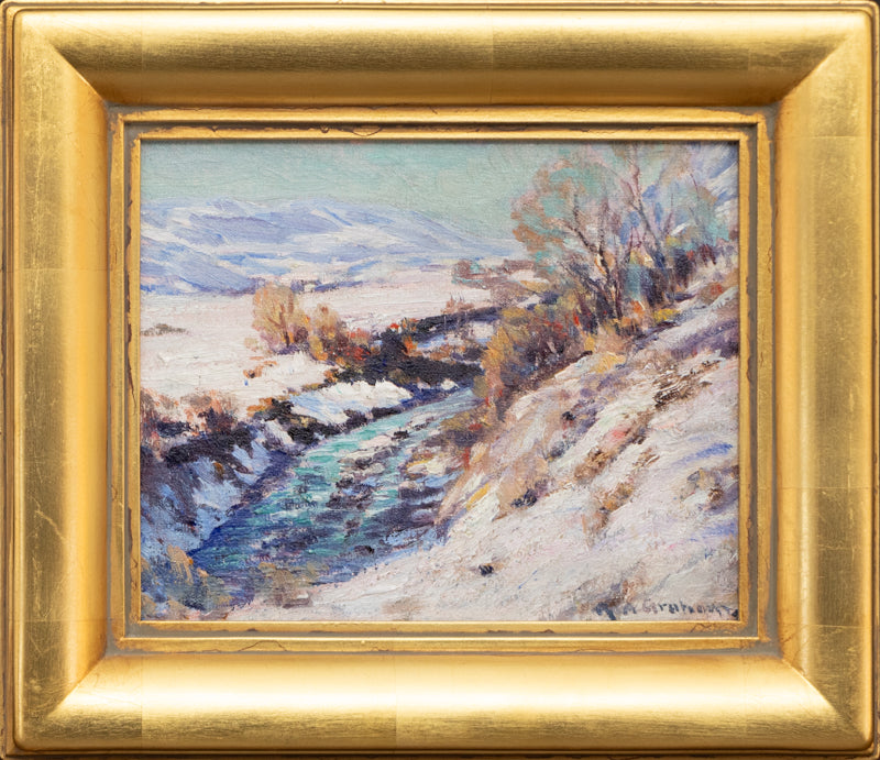 Melting Snow (Colorado Landscape with Creek and Mountains), Painting, circa 1920-1930