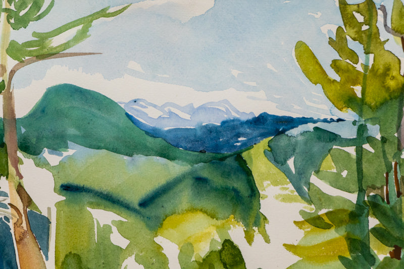 Untitled (Picnic table and Pine Trees in Mountain Landscape), Painting, circa 1990-2000