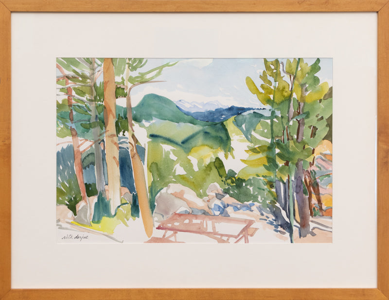 Untitled (Picnic table and Pine Trees in Mountain Landscape), Painting, circa 1990-2000