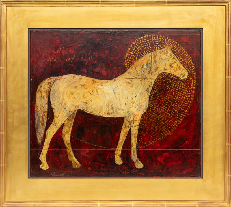 Walking in Grace and Truth (Gold horse standing against a red background), Painting, 2001