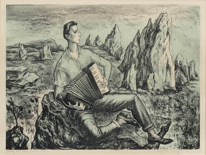 Peppino Mangravite (1896-1978) artwork for sale. Young Man Who Went West (Man Playing Accordian), Print, circa 1940, Denver, Colorado, Art Gallery)