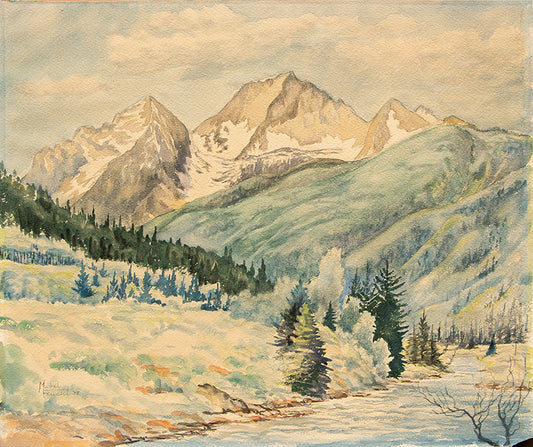 Mabel Feucht (1901-1992) artwork for sale. Untitled (Mountain Landscape with River), Painting, 1958, Denver, Colorado, Art Gallery)