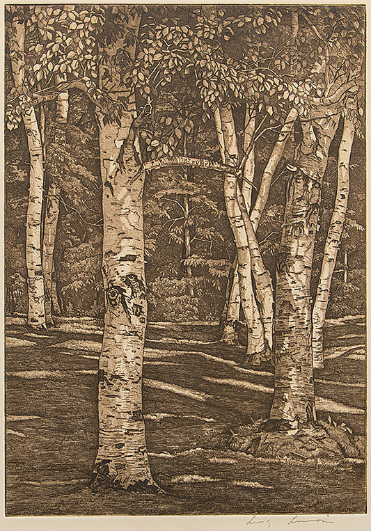 Luigi Lucioni (1900-1988) artwork for sale. Rhythm in White (Aspen Grove), Print, circa 1950, Denver, Colorado, Art Gallery)