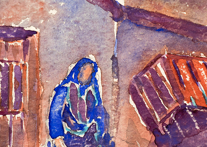 Untitled (Woman Carrying Water with Adobe House), Painting, circa 1945