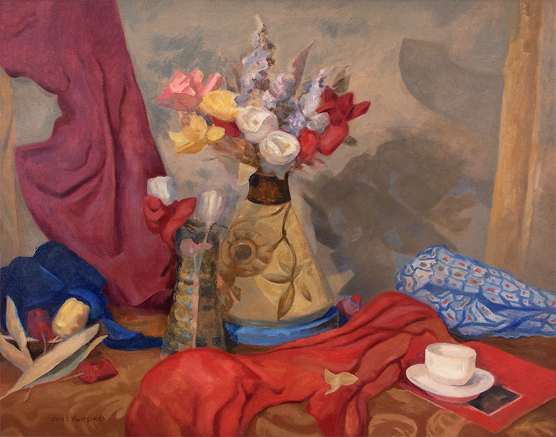 John E. Thompson (1882-1945) artwork for sale. Untitled (Still Life with Flowers, Table and Red Cloth), Painting, 1945, Denver, Colorado, Art Gallery)