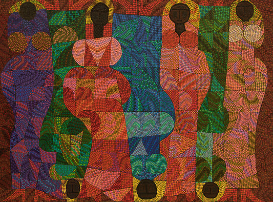 Edward Marecak (1919-1993) artwork for sale. Sitting in Judgement (Seven Abstract Women), Painting, 1991, Denver, Colorado, Art Gallery)