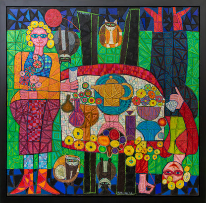 Two Mystic Ladies with Four Cats ("Cat Ladies"), Painting, 1988