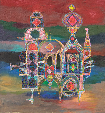 Edward Marecak (1919-1993) artwork for sale. The Floating Castle (Semi Abstract Castle), Painting, 1980, Denver, Colorado, Art Gallery)