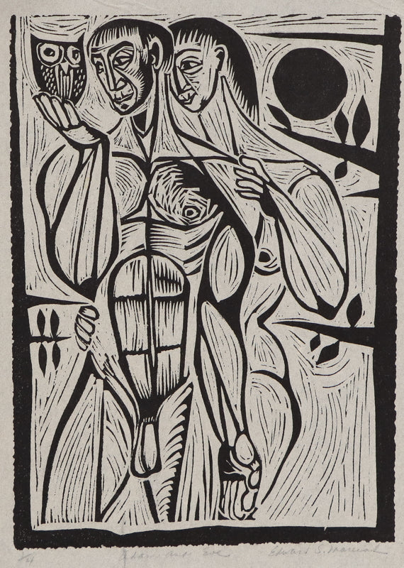 Edward Marecak (1919-1993) artwork for sale. Adam and Eve (Man and Woman with Owl), Print, Denver, Colorado, Art Gallery)