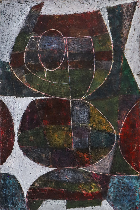 Edward Marecak (1919-1993) artwork for sale. Storm Witch (Abstract in Red, Blue, Ochre, Green, and White), Painting, 1946-1952, Denver, Colorado, Art Gallery)