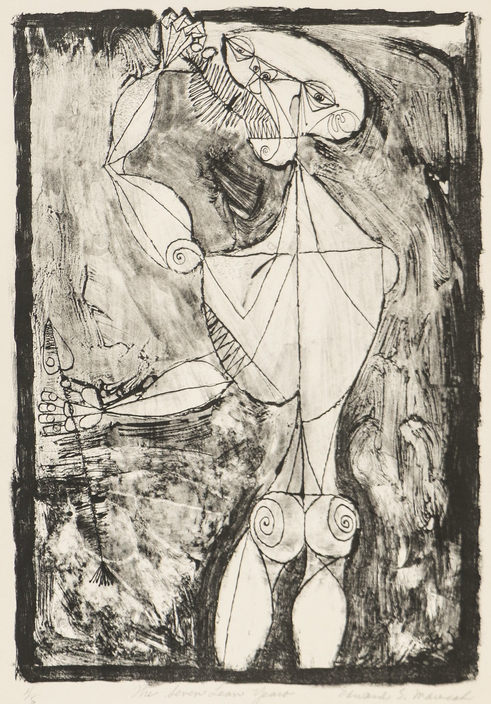 Edward Marecak (1919-1993) artwork for sale. The Seven Lean Years (Male Figure with Fish), Print, circa 1940-1970, Denver, Colorado, Art Gallery)