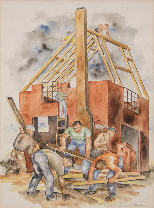 Louise Ronnebeck (1901-1980) artwork for sale. Building Boom (Workers Building a House), Painting, circa 1937, Denver, Colorado, Art Gallery)