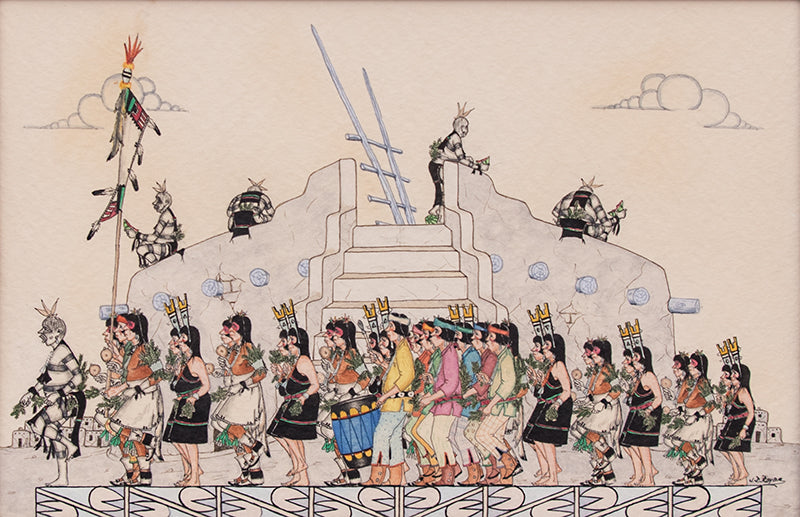 Jose Roybal (1922-1978) artwork for sale. Pueblo Harvest Dance (Tewa Procession), Drawing, 1976, Denver, Colorado, Art Gallery)