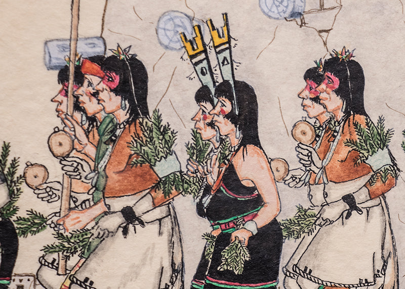 Pueblo Harvest Dance (Tewa Procession), Drawing, 1976