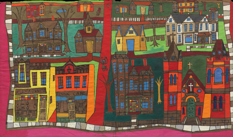 Edward Marecak (1919-1993) artwork for sale. Untitled (Cityscape with Houses and Storefronts), Painting, circa 1960, Denver, Colorado, Art Gallery)