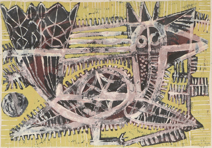 Birds and Fish (Abstract in Yellow, Red, and Black), Painting, circa 1960