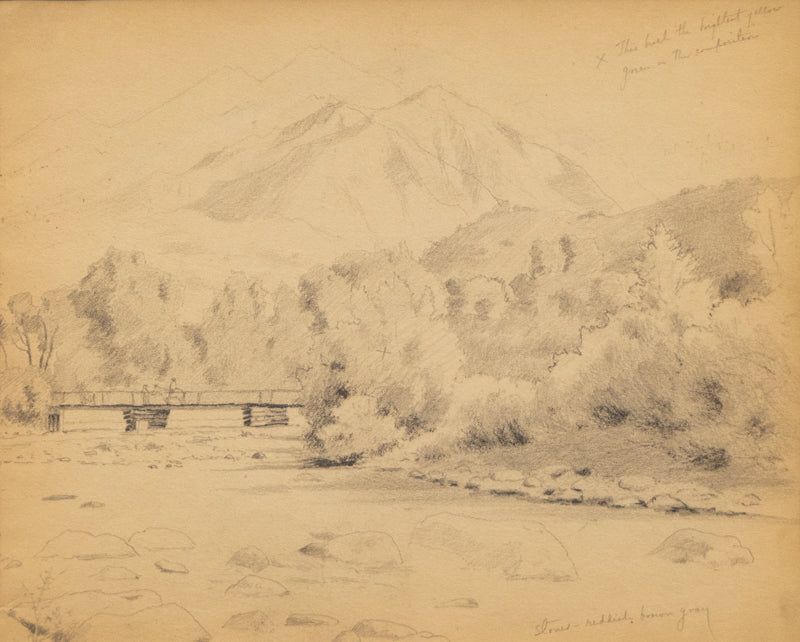 Charles Partridge Adams (1858-1942) artwork for sale. Untitled (Mountain Landscape with Bridge over a River, Horse and Rider with another Person, Drawing, circa 1910, Denver, Colorado, Art Gallery)