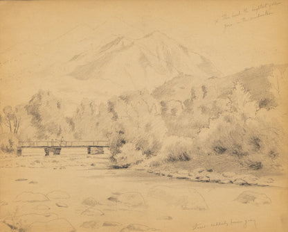Charles Partridge Adams (1858-1942) artwork for sale. Untitled (Mountain Landscape with Bridge over a River, Horse and Rider with another Person, Drawing, circa 1910, Denver, Colorado, Art Gallery)