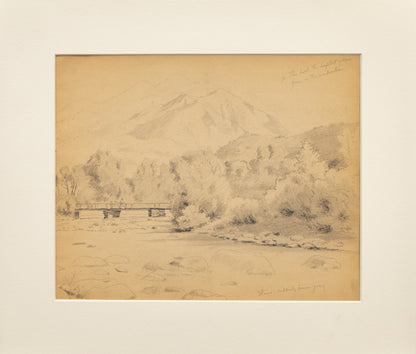 Untitled (Mountain Landscape with Bridge over a River, Horse and Rider with another Person, Drawing, circa 1910