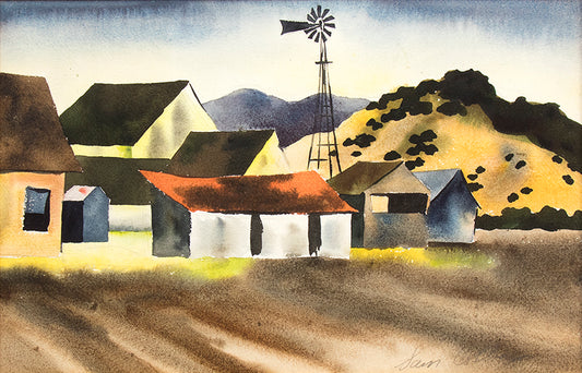 Samuel Colburn (1909-1993) artwork for sale. Untitled (Farm and Mountains), Painting, circa 1935, Denver, Colorado, Art Gallery)