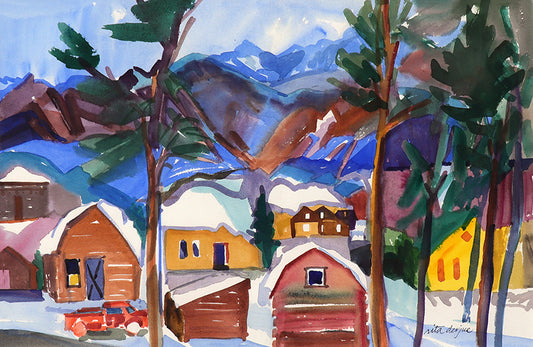 Rita Derjue (1934-2020) artwork for sale. Untitled (Cabins in the Snow, Colorado Mountain Landscape, Winter), Painting, Denver, Colorado, Art Gallery)