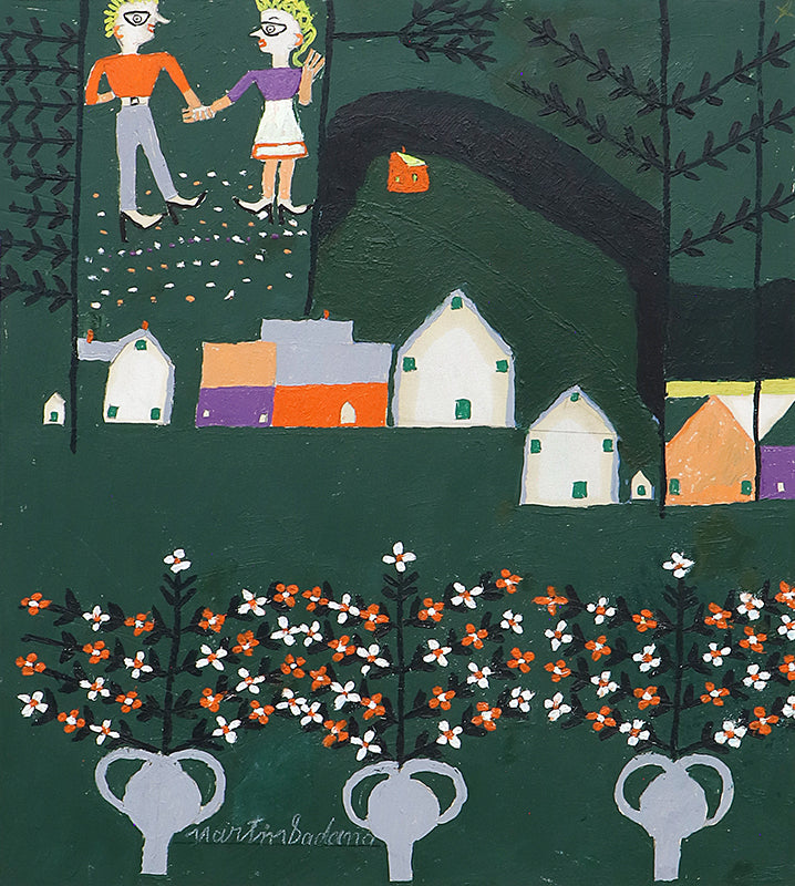 Martin Saldana (1874-1965) artwork for sale. Farm Foliage (Couple with Farm, Trees, and Flowers), Painting, 1953-1965, Denver, Colorado, Art Gallery)