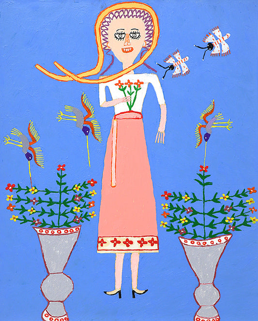 Martin Saldana (1874-1965) artwork for sale. Lovely Gal (Woman with Birds and Butterflies), Painting, 1953-1965, Denver, Colorado, Art Gallery)