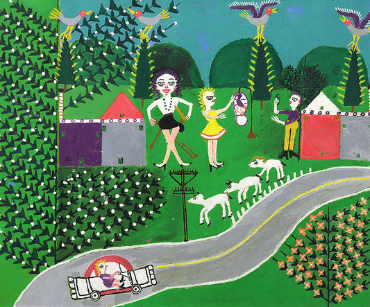 Martin Saldana (1874-1965) artwork for sale. Girl with Sheep and Car (Women with Houses, Sheep, and Car), Painting, 1953-1965, Denver, Colorado, Art Gallery)