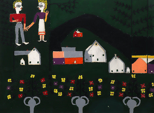 Martin Saldana (1874-1965) artwork for sale. Farm and Figures (Couple with a Farm and Flowers), Painting, 1953-1965, Denver, Colorado, Art Gallery)