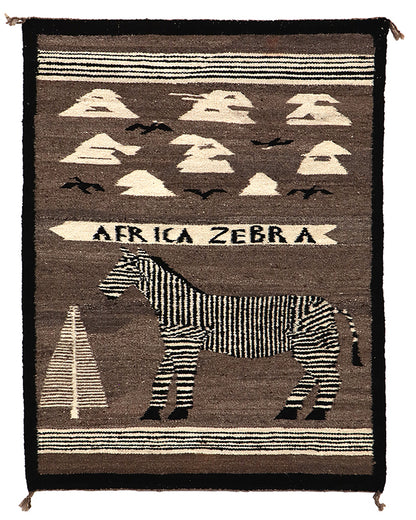 Diné (Navajo) artwork for sale. Pictorial Rug with African Zebra, Tree, Birds and Clouds, circa 1955, Denver, Colorado, Art Gallery)