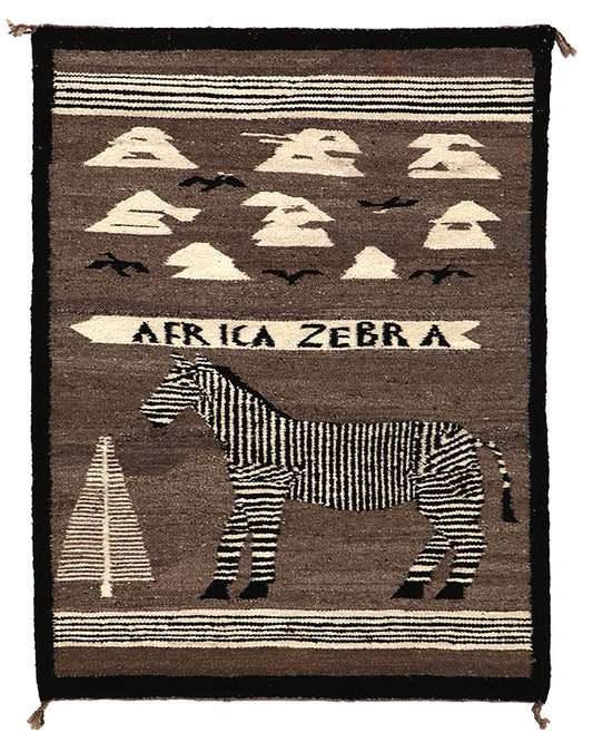 Diné (Navajo) artwork for sale. Pictorial Rug with African Zebra, Tree, Birds and Clouds, circa 1955, Denver, Colorado, Art Gallery)