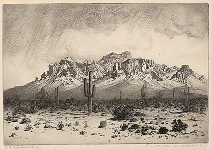George Elbert Burr (1859-1939) artwork for sale. Superstition Mountain, Apache Trail, Arizona (Landscape of Superstition Mountain), Print, circa 1925, Denver, Colorado, Art Gallery)