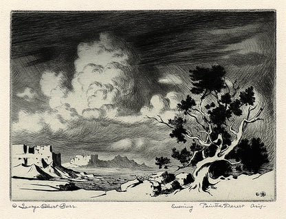 George Elbert Burr (1859-1939) artwork for sale. Evening, Painted Desert, Arizona (Landscape with Mesa and Storm), Print, circa 1925, Denver, Colorado, Art Gallery)